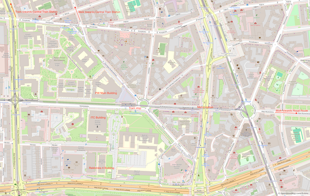 Annotated map of Warsaw University of Technology and surroundings